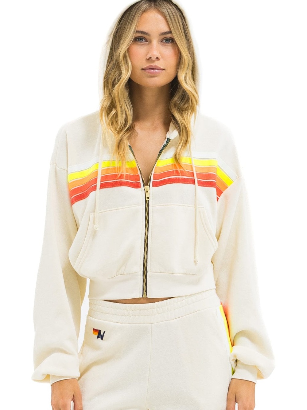 Aviator Nation 5 Stripe Cropped Zip Hoodie Relaxed Vintage White Size Small